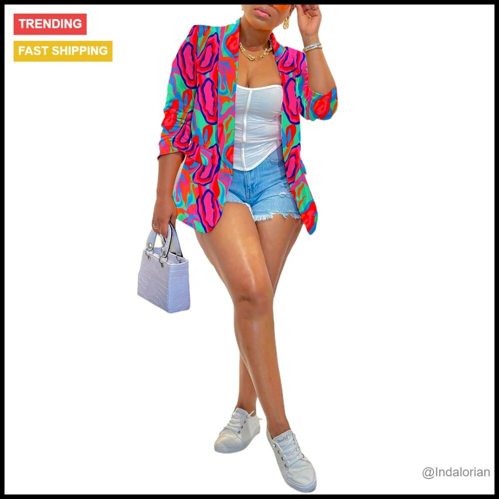 Printed Blazer Jacket Long Sleeve Open Front Casual Polyester Regular Fit